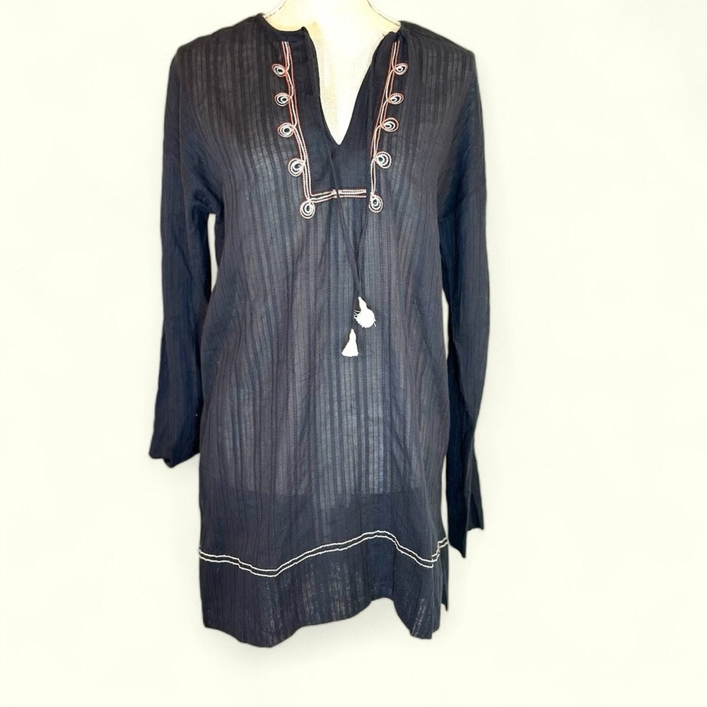 lemlem NWOT SZ SM Liya Kebede Black Sheer Stripedā Tunic Top Embroidered Tassel